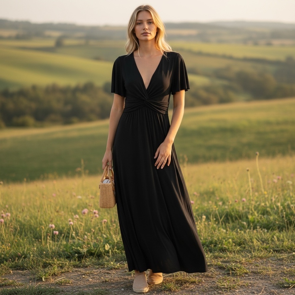 Jones NY Black Cross Front V Neck Maxi Dress Size 6